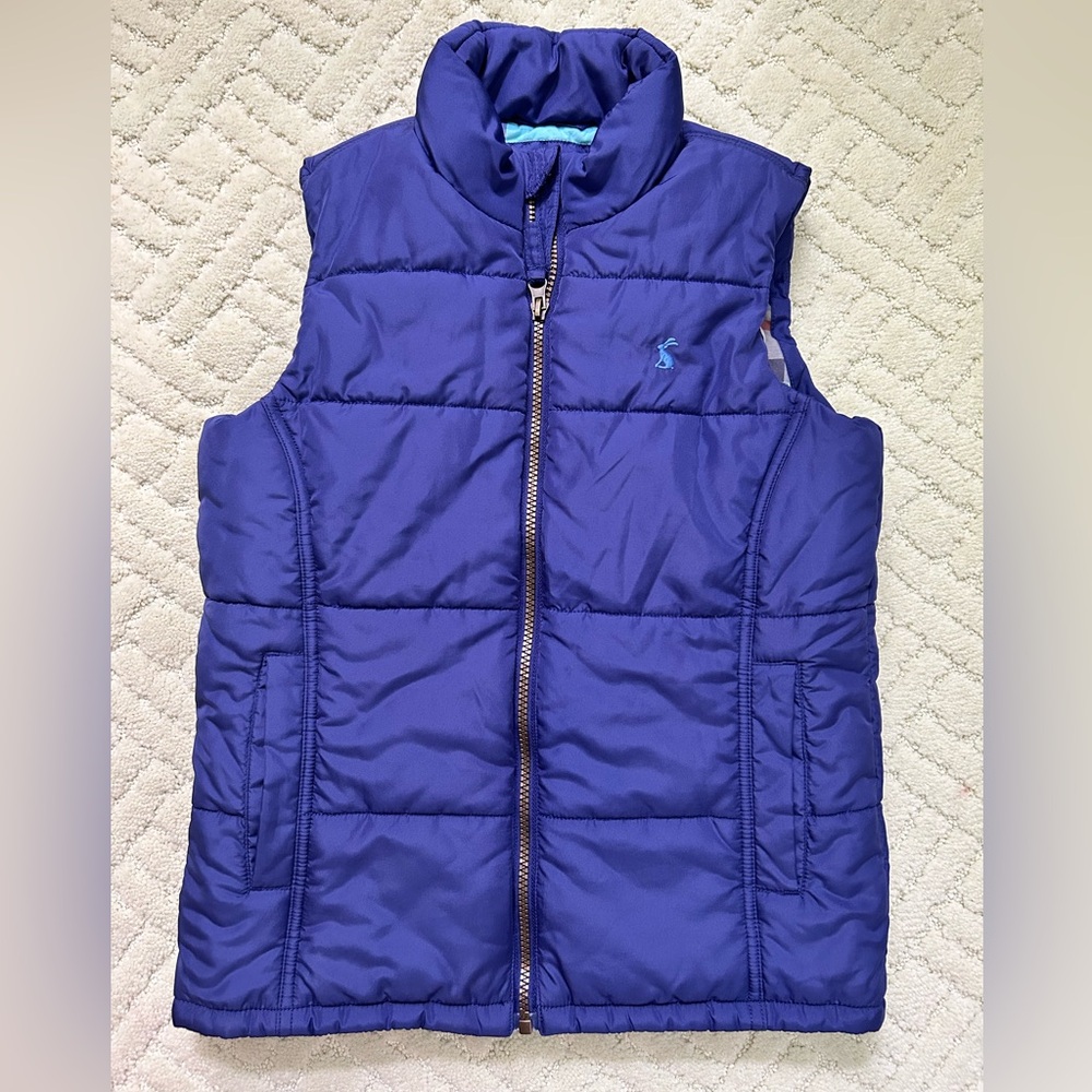 Joules Puffy Vest in purple with plaid lining. Size 8-10
